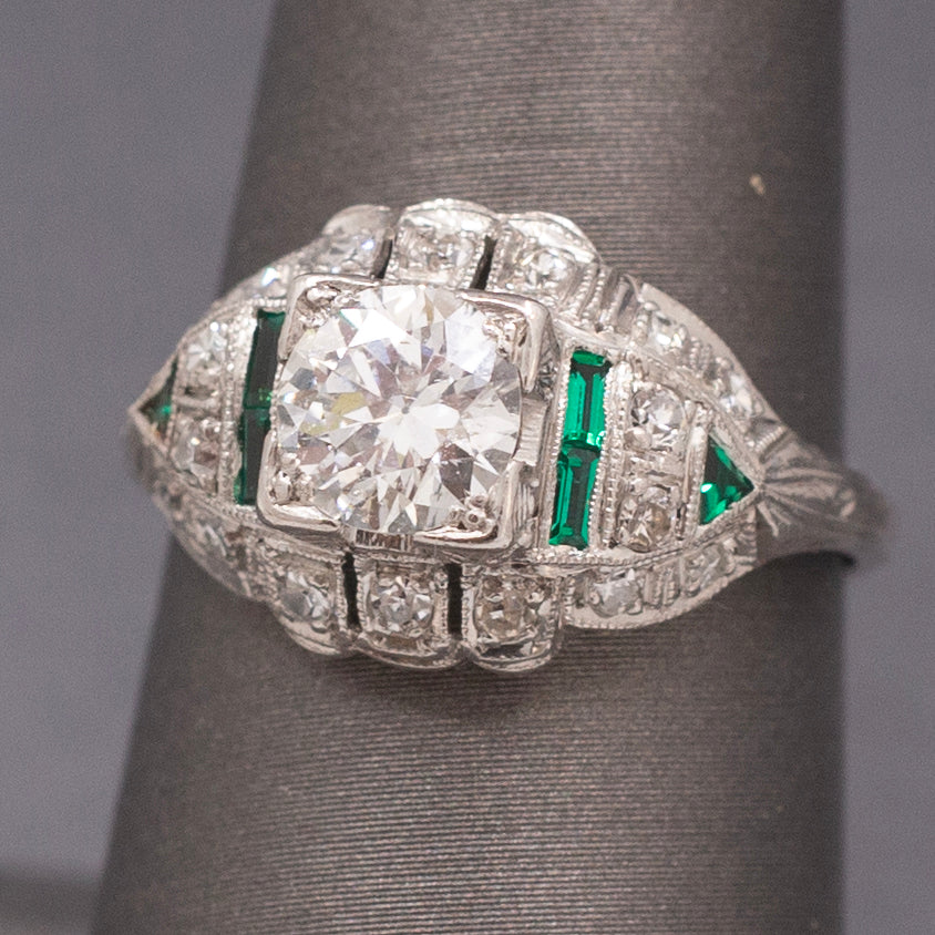 Exquisite Art Deco Old European Cut Diamond and Emerald Engagement Ring in Platinum