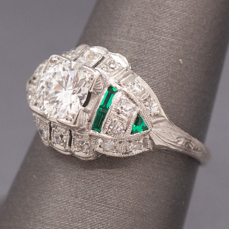 Exquisite Art Deco Old European Cut Diamond and Emerald Engagement Ring in Platinum