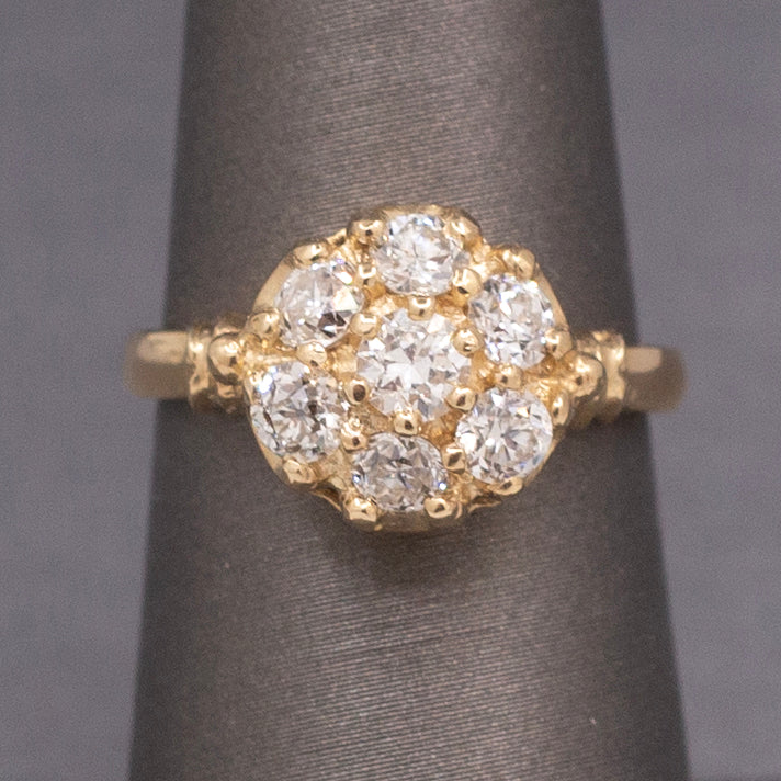 Vintage Old European Cut Diamond Cluster Daisy Engagement Ring in 14k Yellow Gold