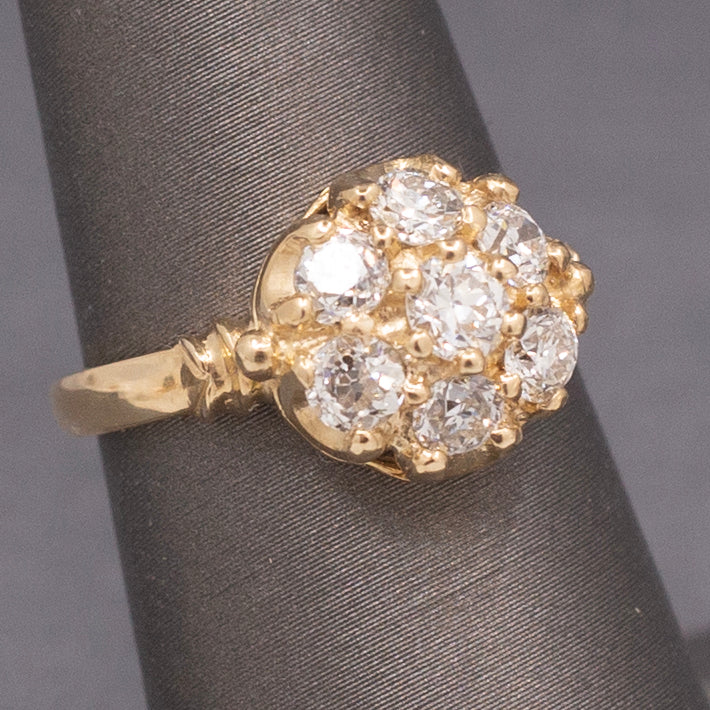 Vintage Old European Cut Diamond Cluster Daisy Engagement Ring in 14k Yellow Gold