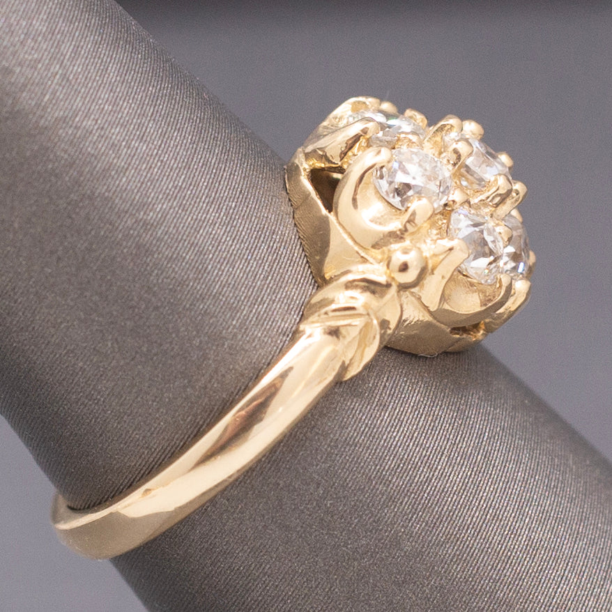 Vintage Old European Cut Diamond Cluster Daisy Engagement Ring in 14k Yellow Gold