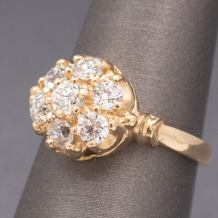 Vintage Old European Cut Diamond Cluster Daisy Engagement Ring in 14k Yellow Gold