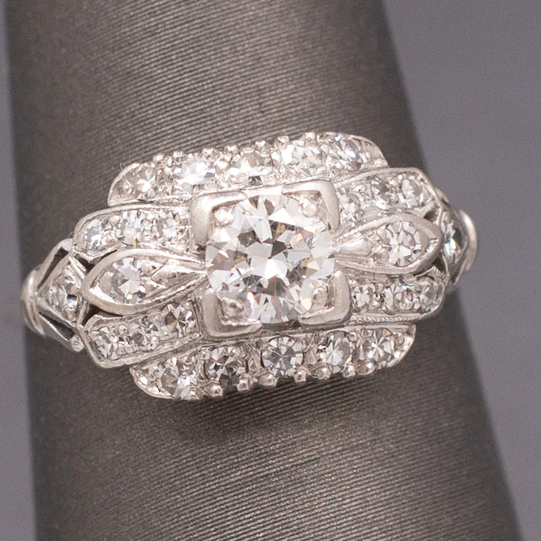 Late Art Deco Old European Cut Diamond Engagement Wedding Ring in Platinum