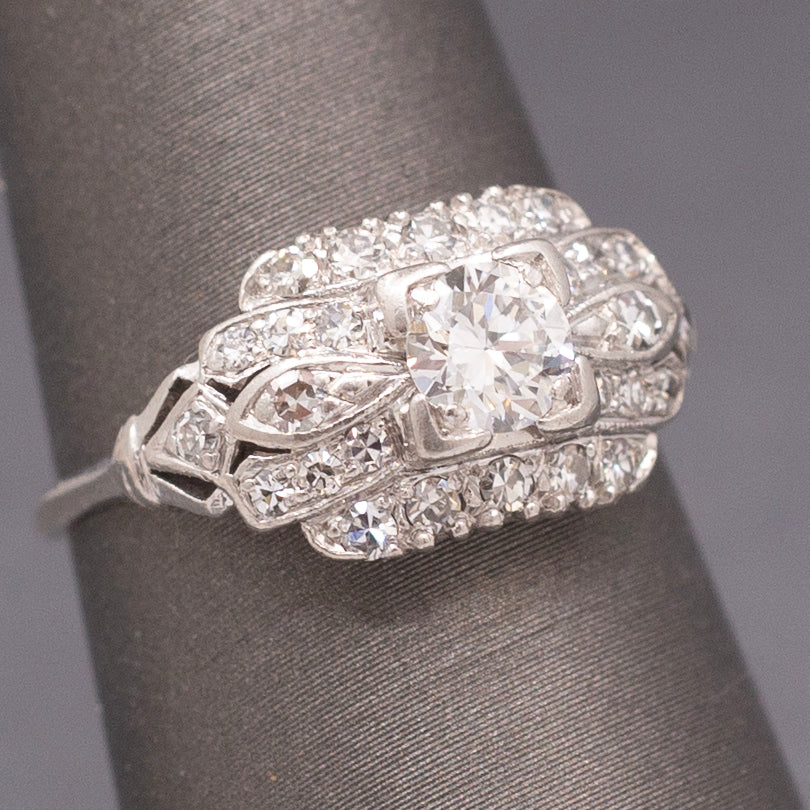 Late Art Deco Old European Cut Diamond Engagement Wedding Ring in Platinum