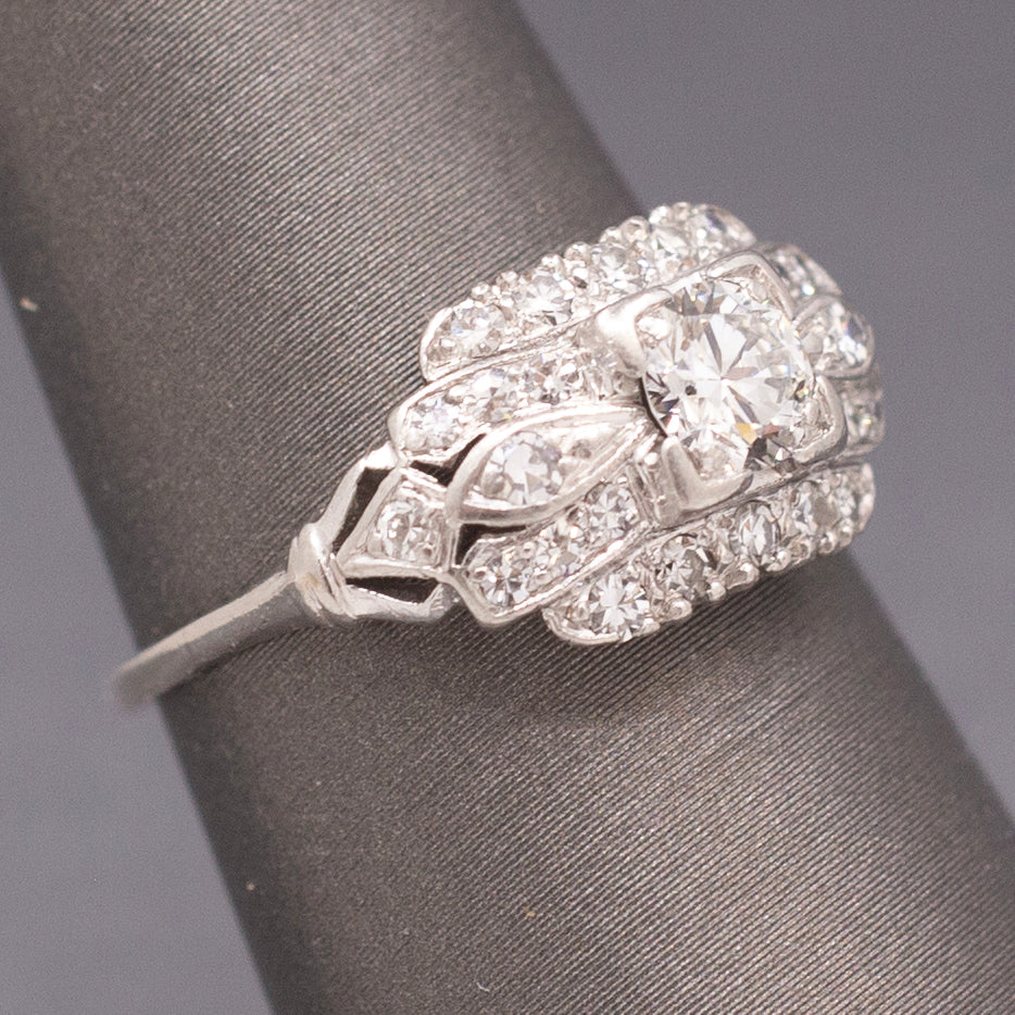 Late Art Deco Old European Cut Diamond Engagement Wedding Ring in Platinum