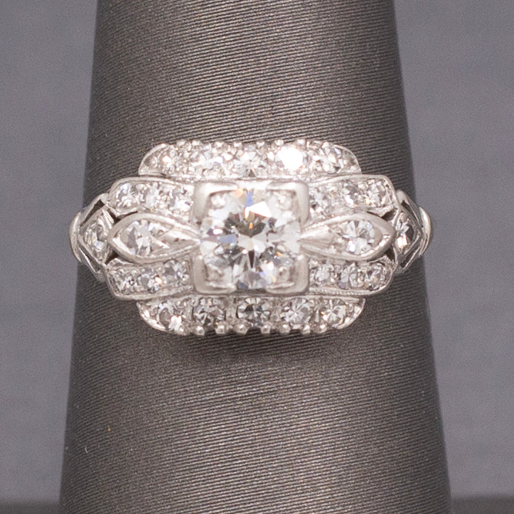 Late Art Deco Old European Cut Diamond Engagement Wedding Ring in Platinum