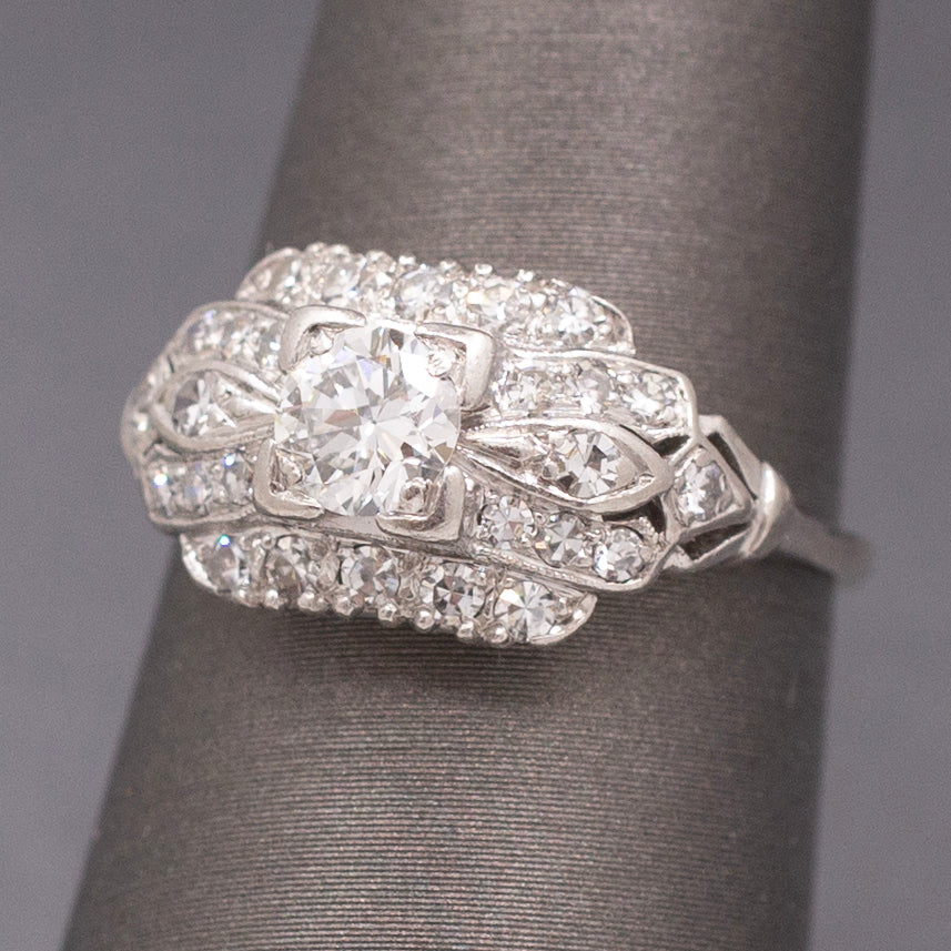 Late Art Deco Old European Cut Diamond Engagement Wedding Ring in Platinum