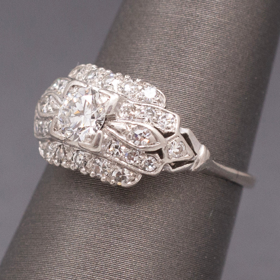 Late Art Deco Old European Cut Diamond Engagement Wedding Ring in Platinum