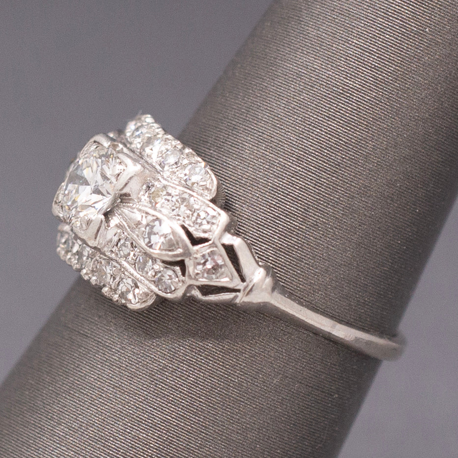 Late Art Deco Old European Cut Diamond Engagement Wedding Ring in Platinum