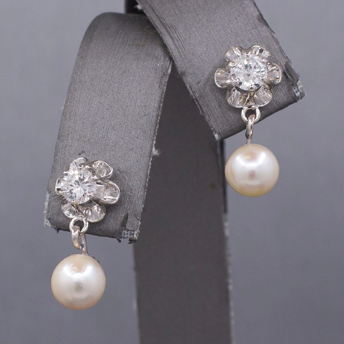 Sparkling Mid-Century Diamond and Akoya Pearl Drop Earrings in 14k White Gold