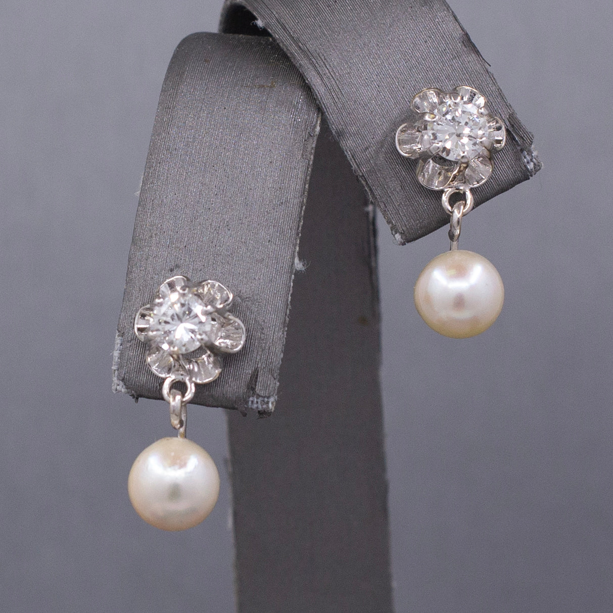 Sparkling Mid-Century Diamond and Akoya Pearl Drop Earrings in 14k White Gold