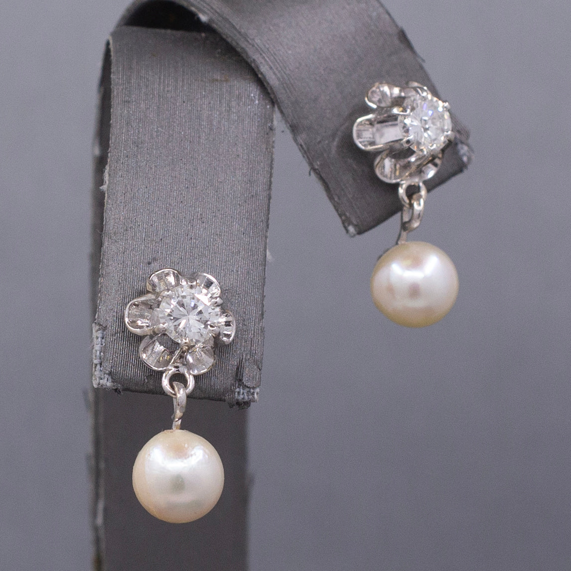 Sparkling Mid-Century Diamond and Akoya Pearl Drop Earrings in 14k White Gold
