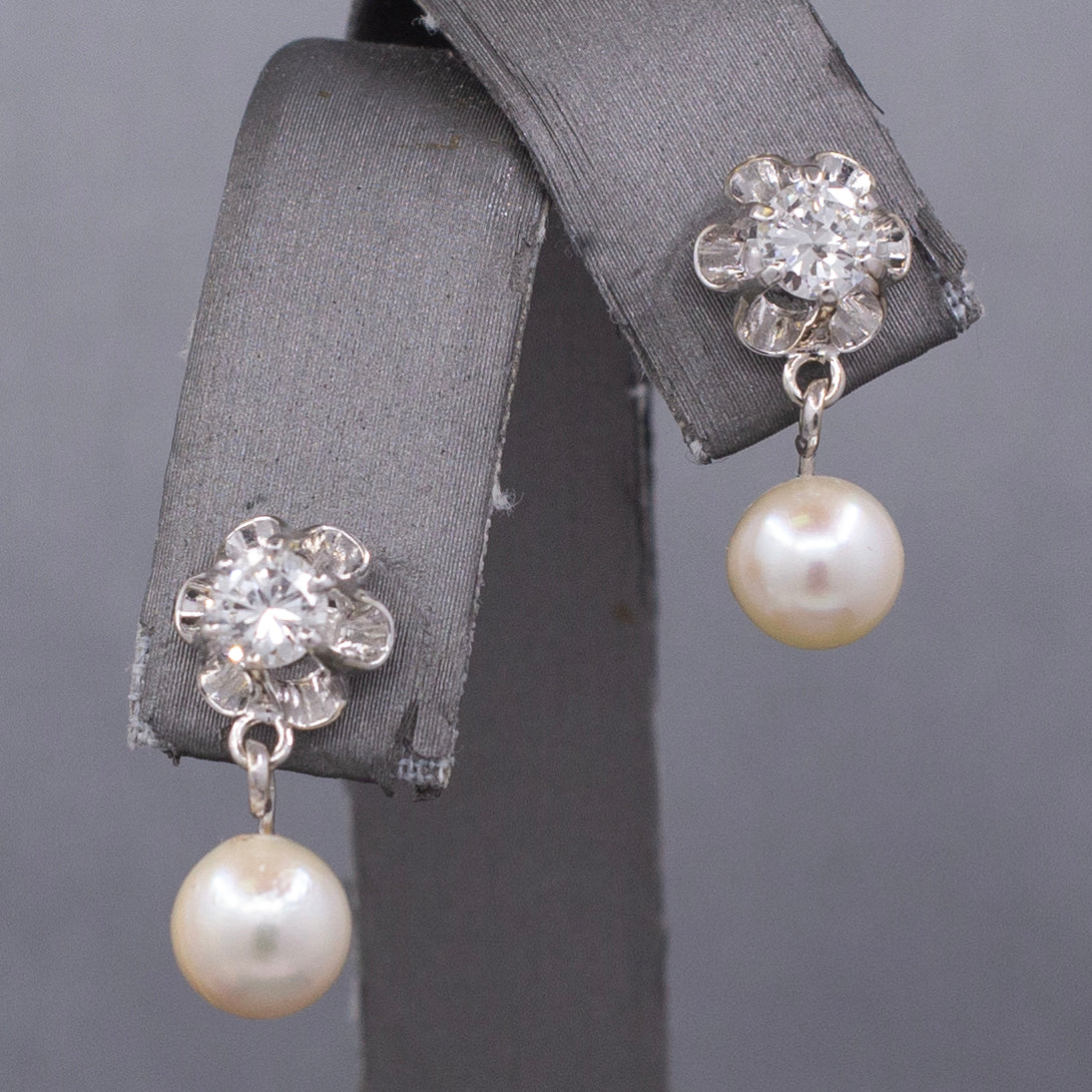 Sparkling Mid-Century Diamond and Akoya Pearl Drop Earrings in 14k White Gold