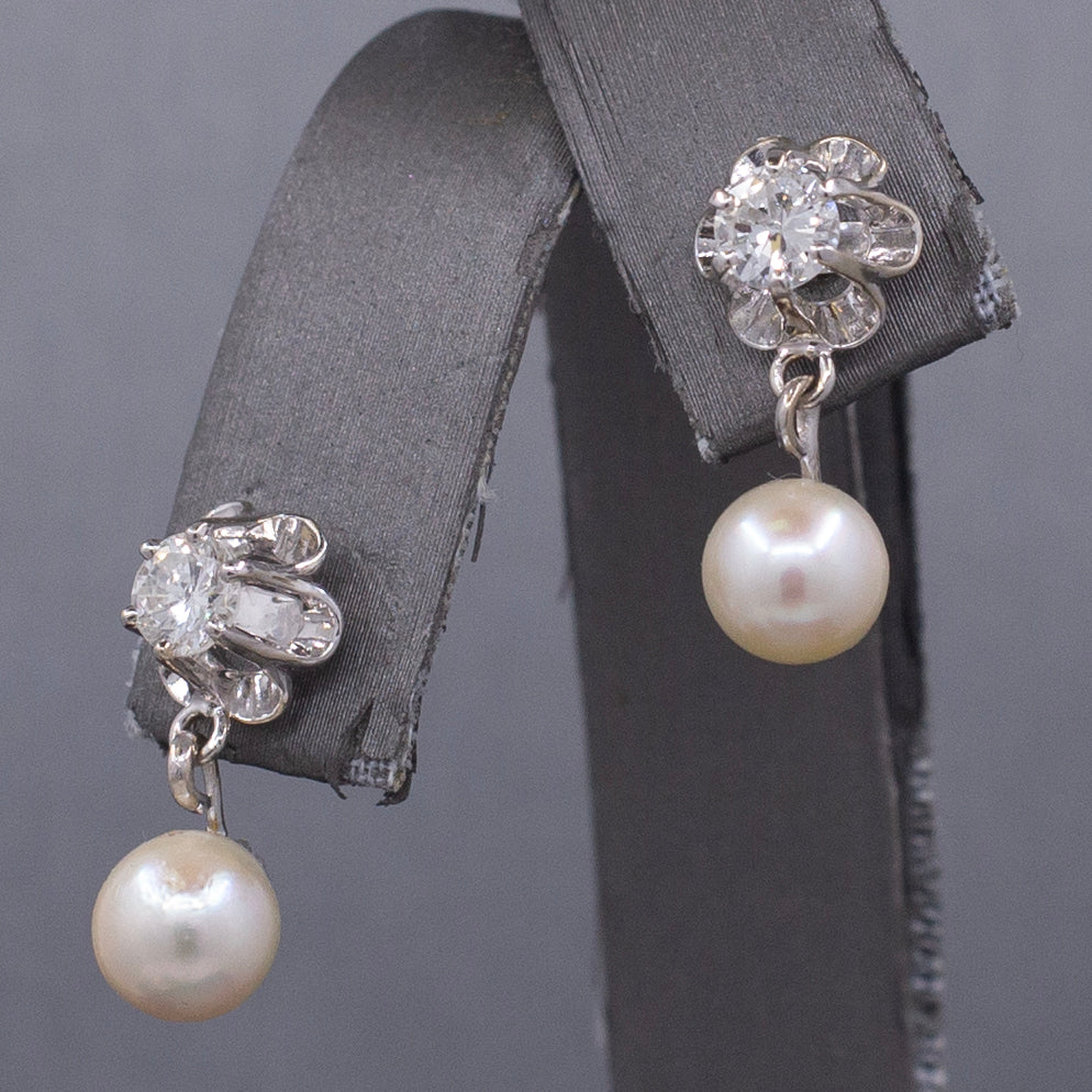 Sparkling Mid-Century Diamond and Akoya Pearl Drop Earrings in 14k White Gold