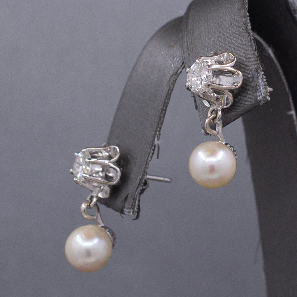 Sparkling Mid-Century Diamond and Akoya Pearl Drop Earrings in 14k White Gold