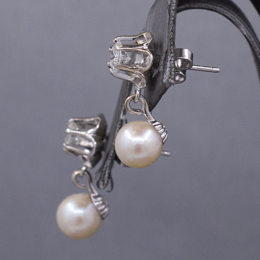 Sparkling Mid-Century Diamond and Akoya Pearl Drop Earrings in 14k White Gold