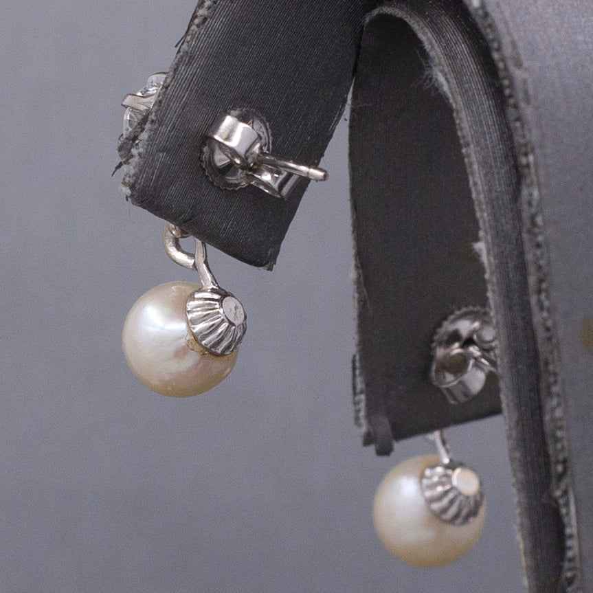 Sparkling Mid-Century Diamond and Akoya Pearl Drop Earrings in 14k White Gold