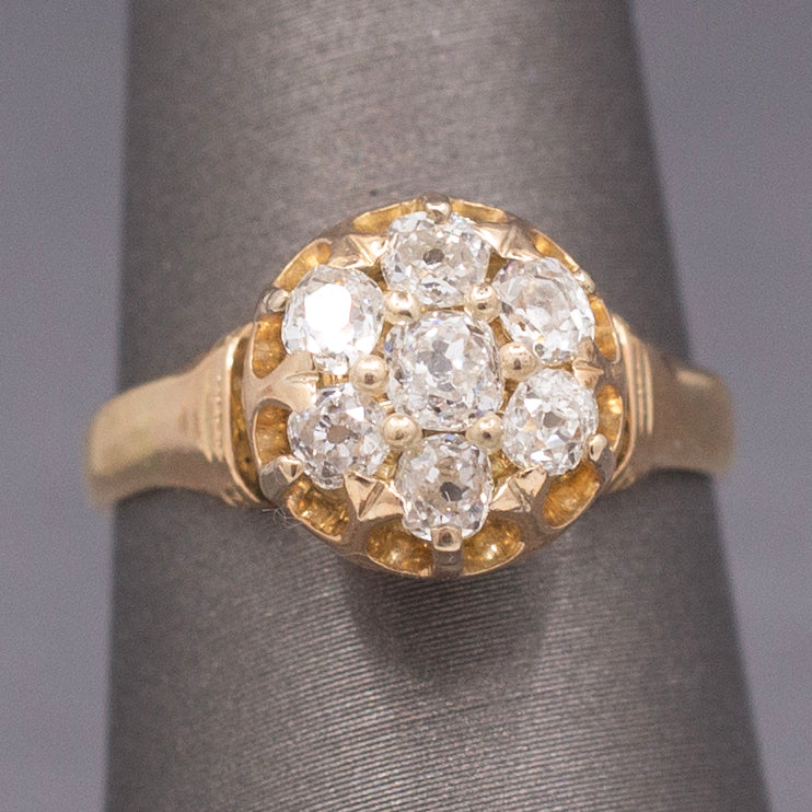 Antique Victorian Old Mine Cut Diamond Cluster Engagement Ring in 14k Gold