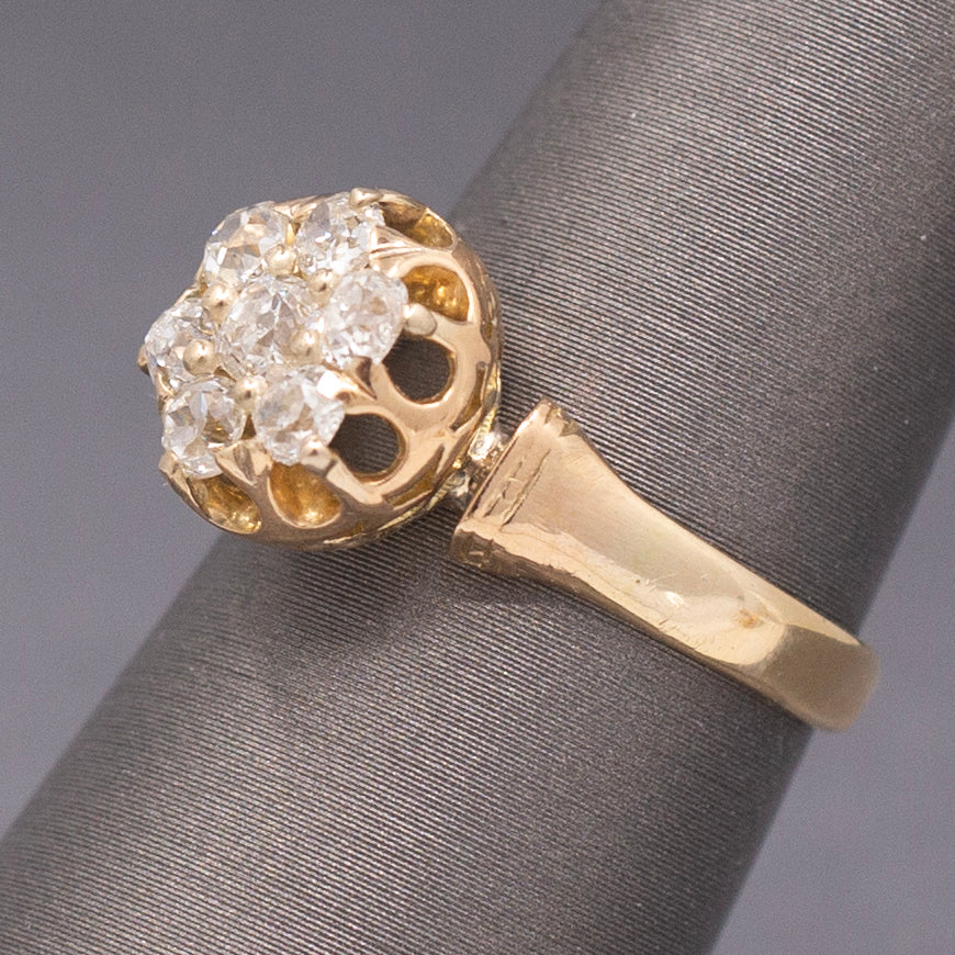 Antique Victorian Old Mine Cut Diamond Cluster Engagement Ring in 14k Gold