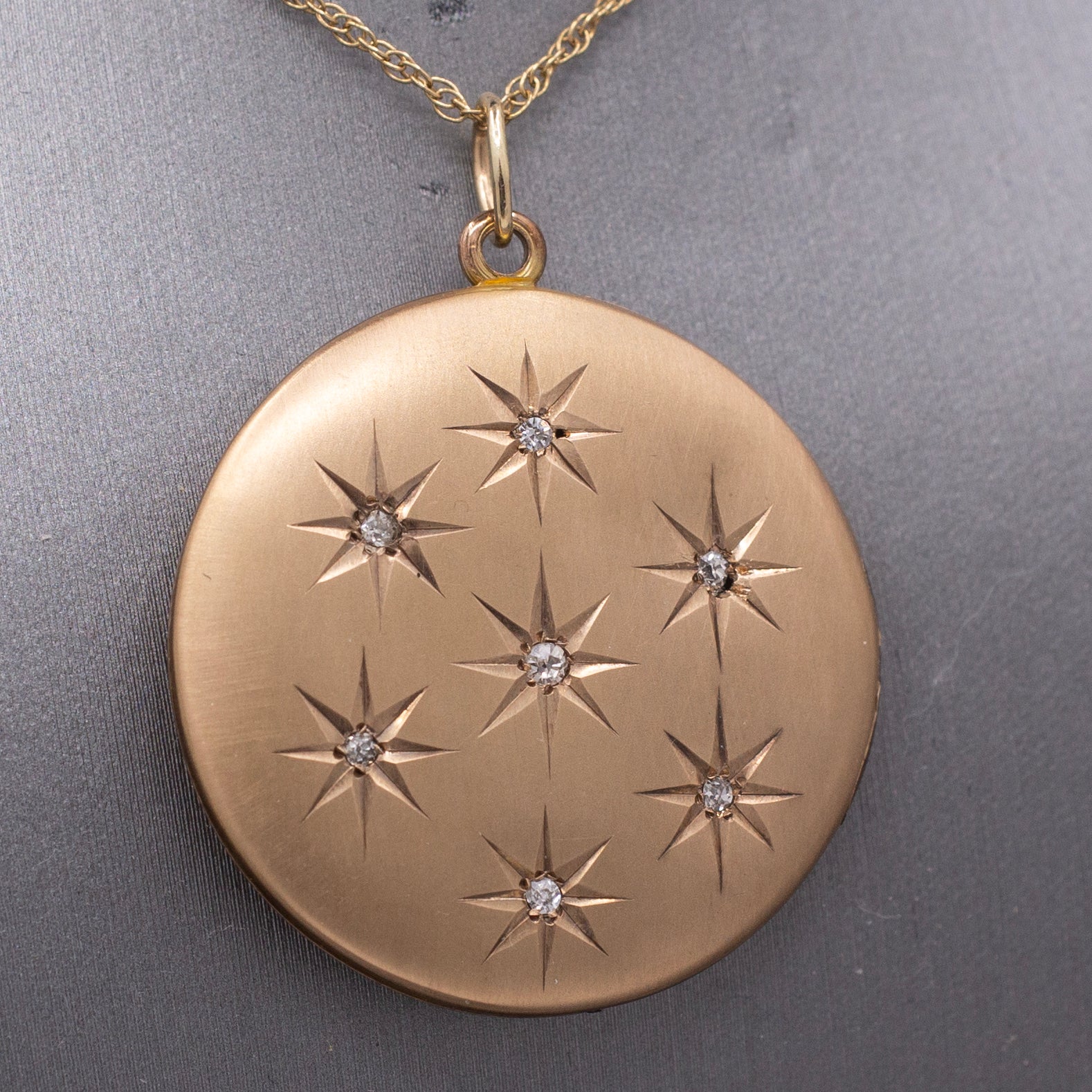 Antique Victorian Old Cut Diamond Star Satin Finished Locket in 10k Yellow Gold