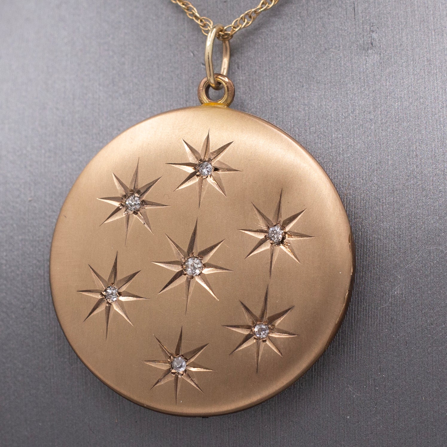 Antique Victorian Old Cut Diamond Star Satin Finished Locket in 10k Yellow Gold