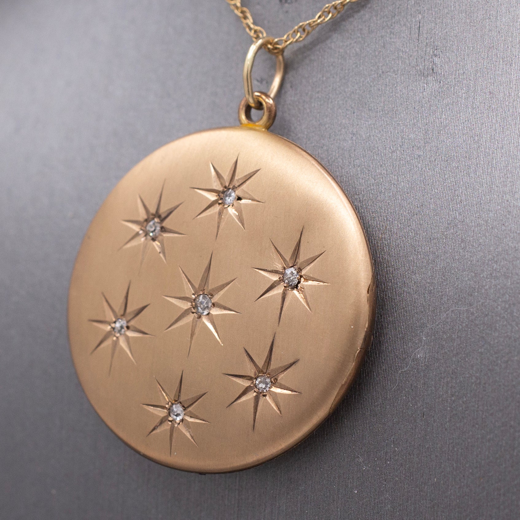 Antique Victorian Old Cut Diamond Star Satin Finished Locket in 10k Yellow Gold