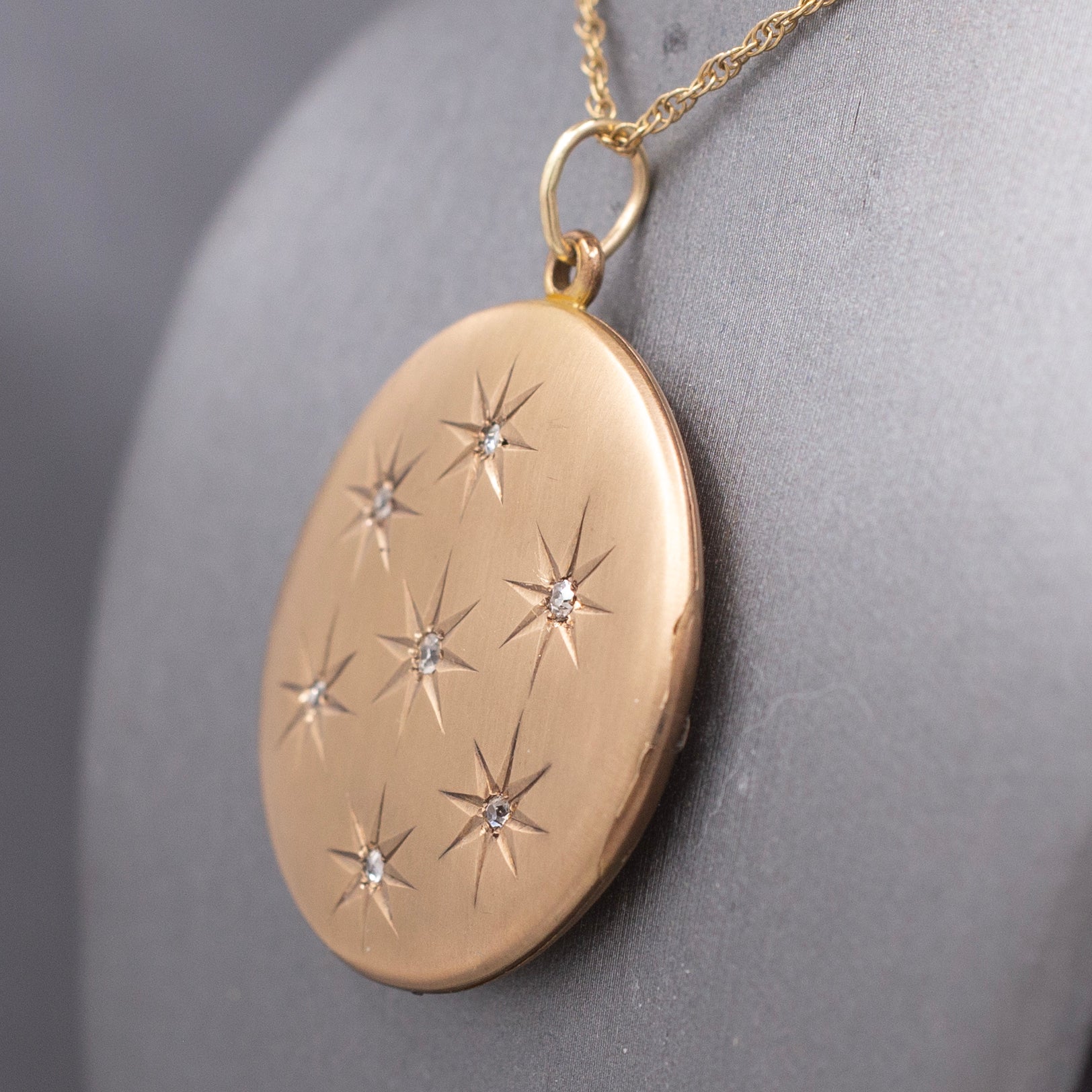 Antique Victorian Old Cut Diamond Star Satin Finished Locket in 10k Yellow Gold
