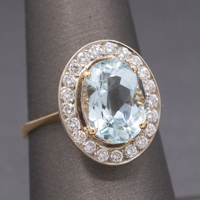 Vintage Icy Aquamarine and Diamond Halo Statement Ring in 14k White and Yellow Gold