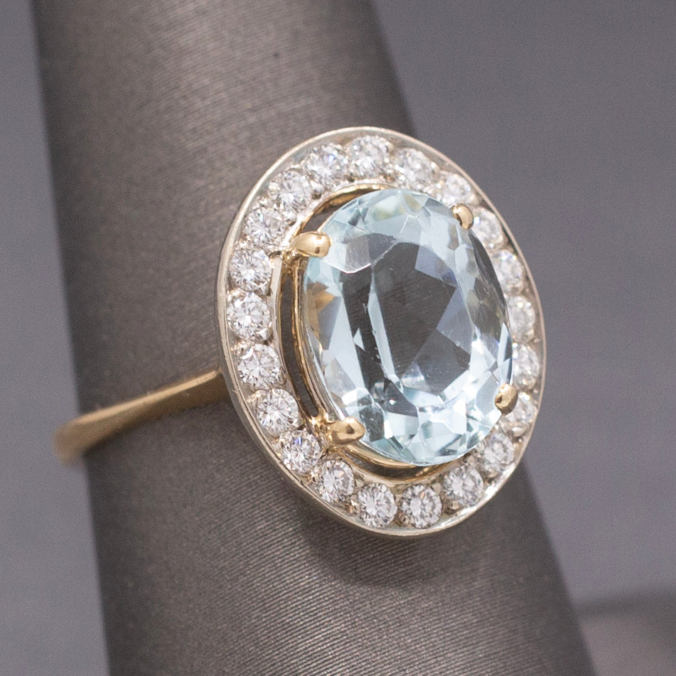 Vintage Icy Aquamarine and Diamond Halo Statement Ring in 14k White and Yellow Gold