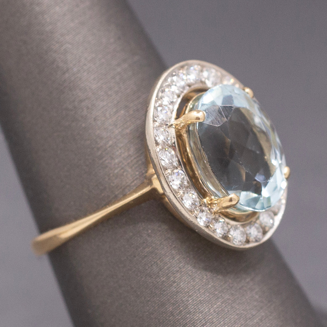 Vintage Icy Aquamarine and Diamond Halo Statement Ring in 14k White and Yellow Gold