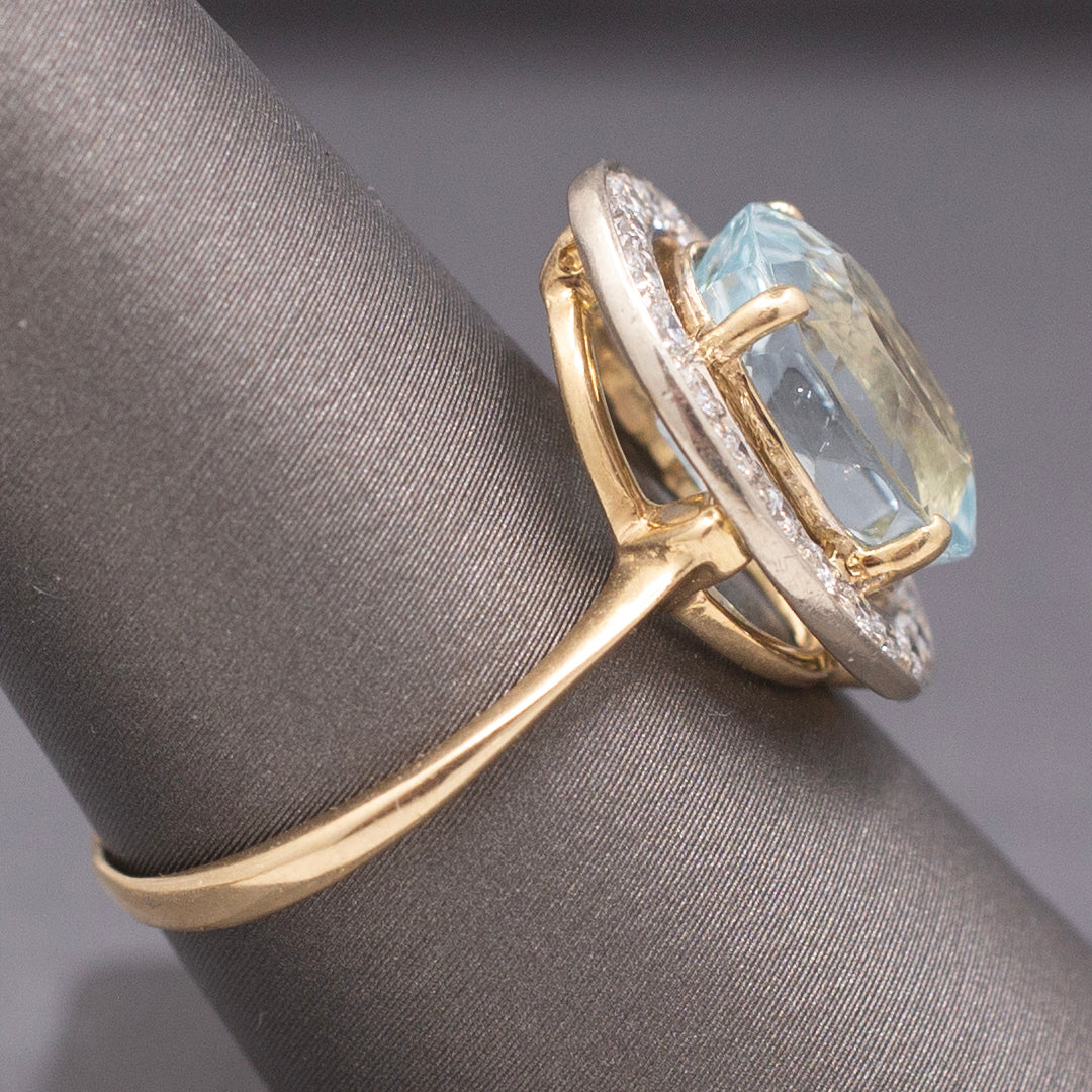 Vintage Icy Aquamarine and Diamond Halo Statement Ring in 14k White and Yellow Gold