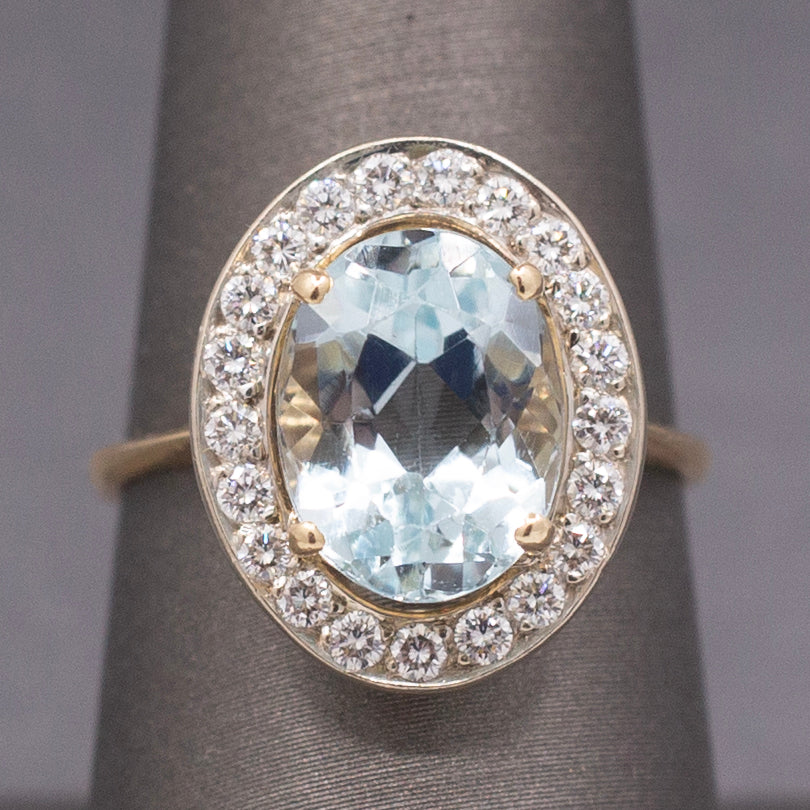 Vintage Icy Aquamarine and Diamond Halo Statement Ring in 14k White and Yellow Gold