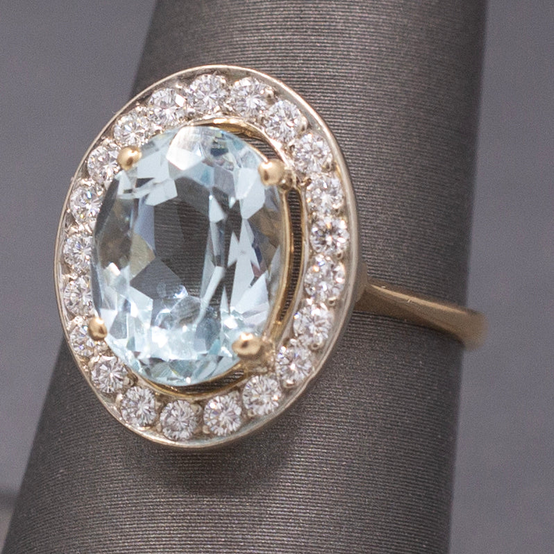 Vintage Icy Aquamarine and Diamond Halo Statement Ring in 14k White and Yellow Gold
