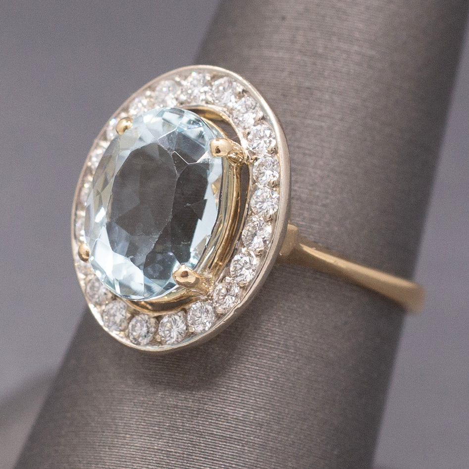 Vintage Icy Aquamarine and Diamond Halo Statement Ring in 14k White and Yellow Gold