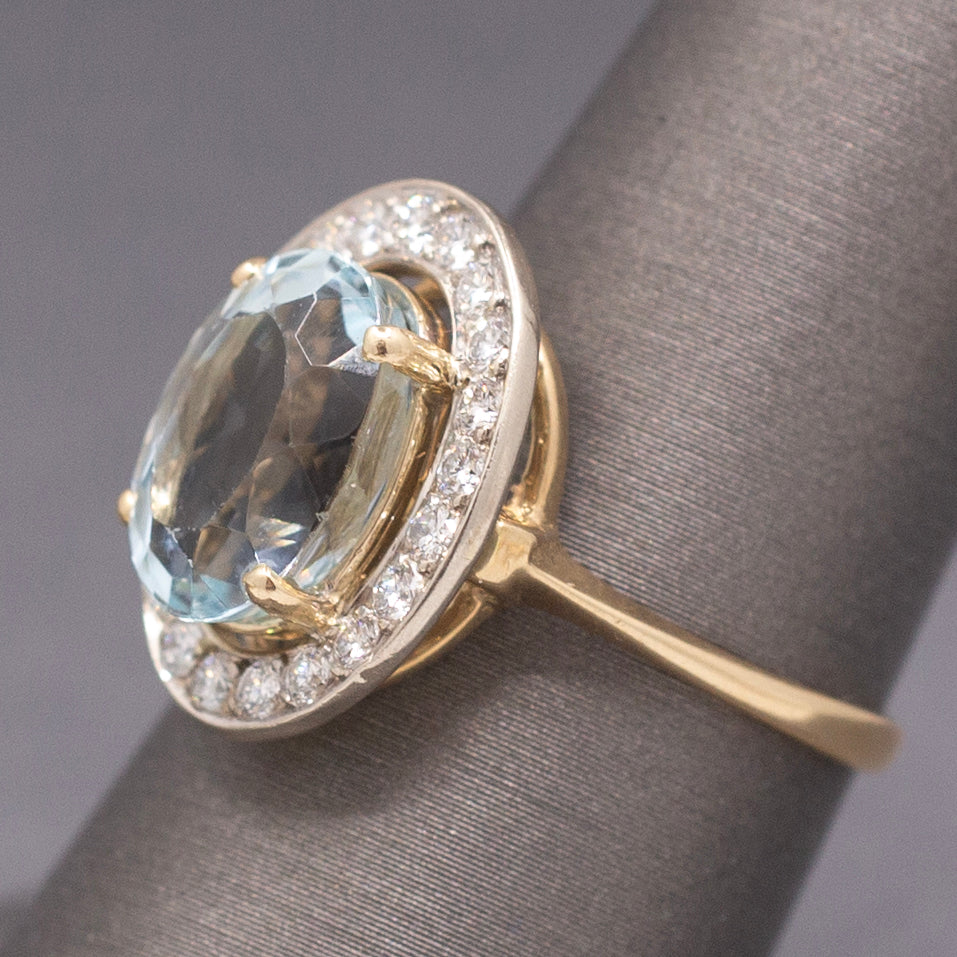 Vintage Icy Aquamarine and Diamond Halo Statement Ring in 14k White and Yellow Gold