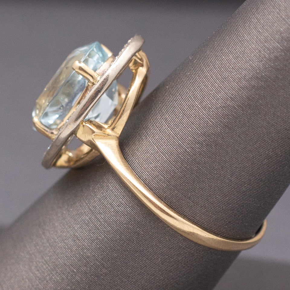 Vintage Icy Aquamarine and Diamond Halo Statement Ring in 14k White and Yellow Gold