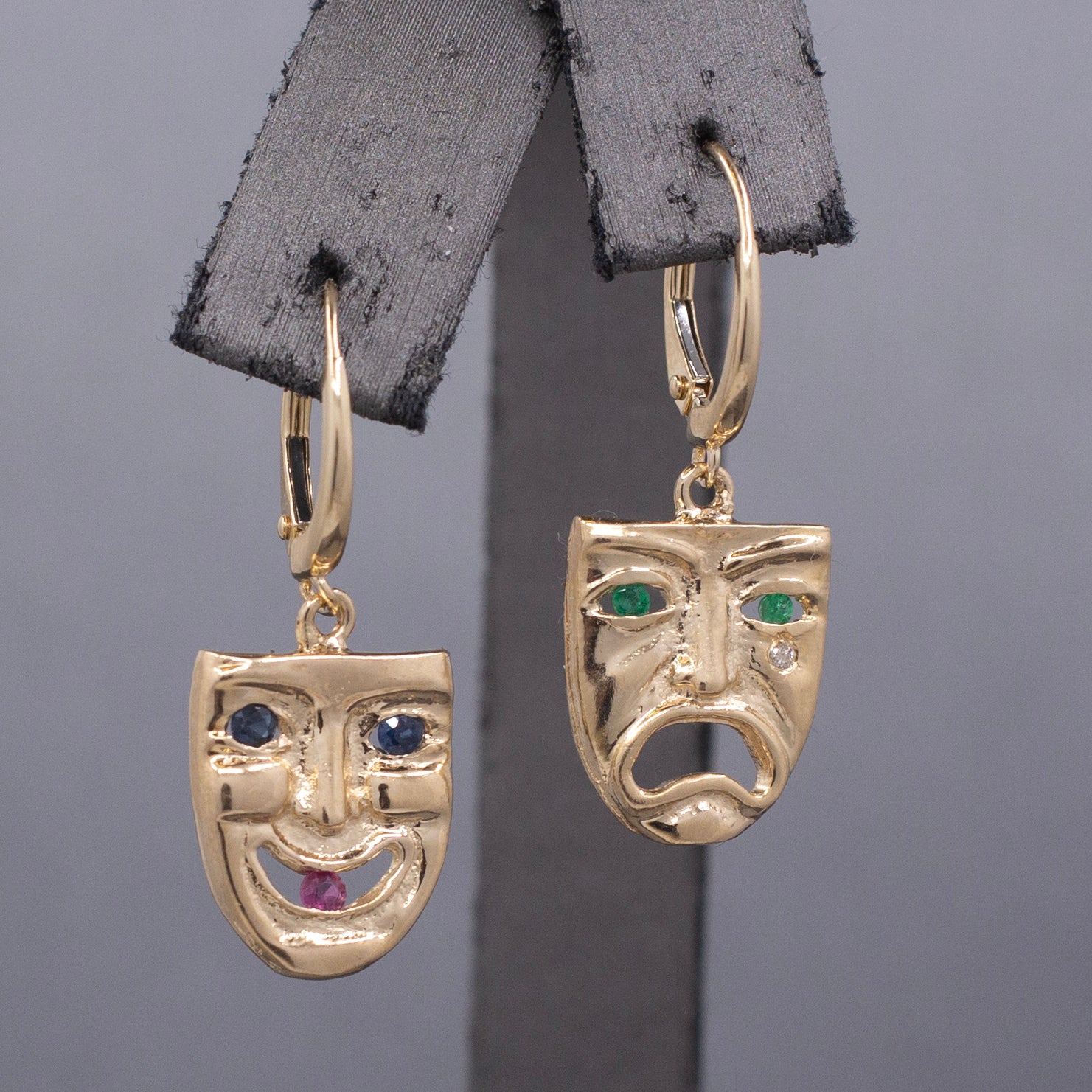 Vintage Greek Theatre Mask Comedy and Tragedy Dangle Earrings in 14k Yellow Gold