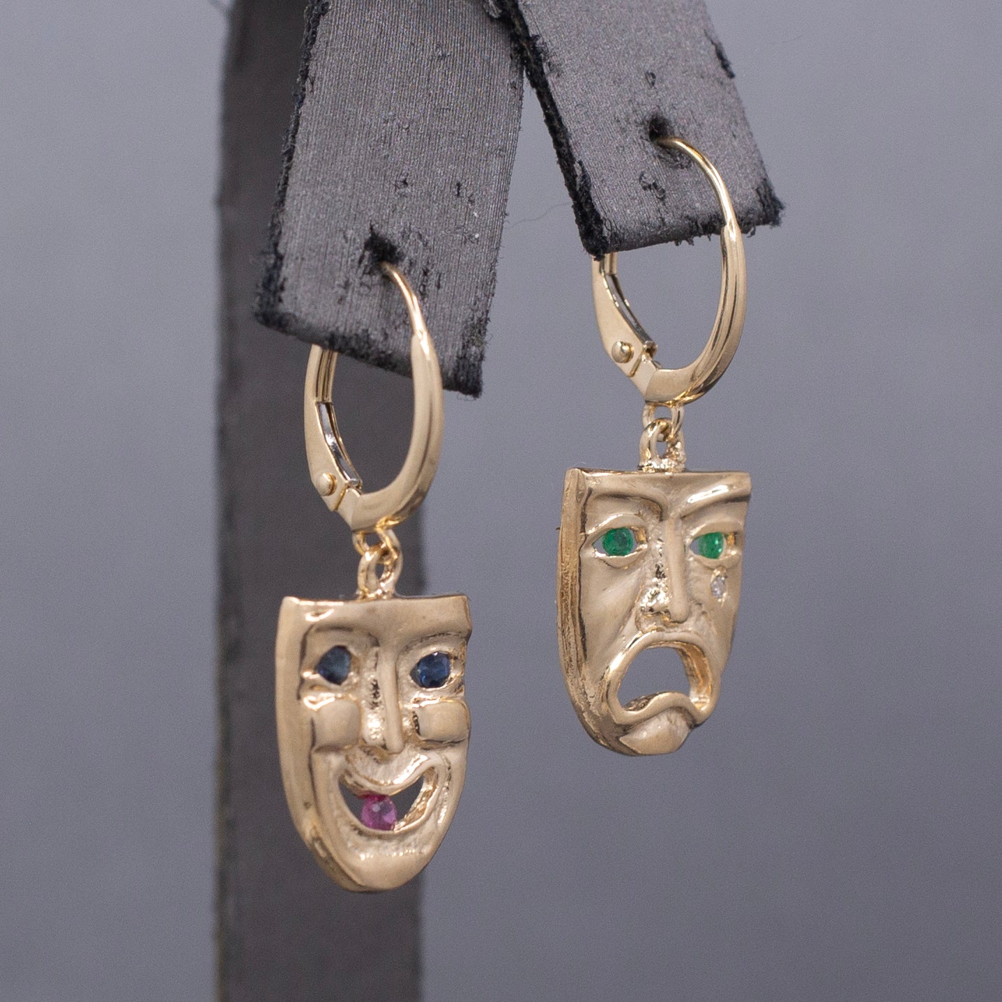 Vintage Greek Theatre Mask Comedy and Tragedy Dangle Earrings in 14k Yellow Gold