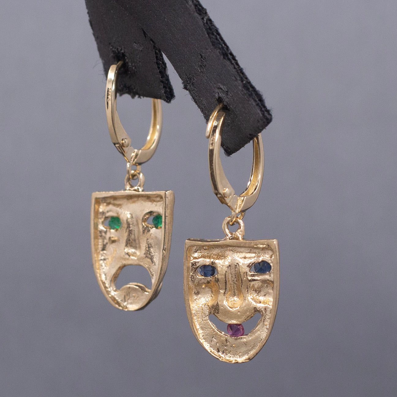 Vintage Greek Theatre Mask Comedy and Tragedy Dangle Earrings in 14k Yellow Gold