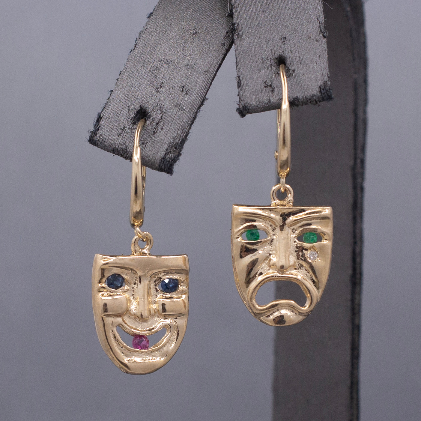 Vintage Greek Theatre Mask Comedy and Tragedy Dangle Earrings in 14k Yellow Gold