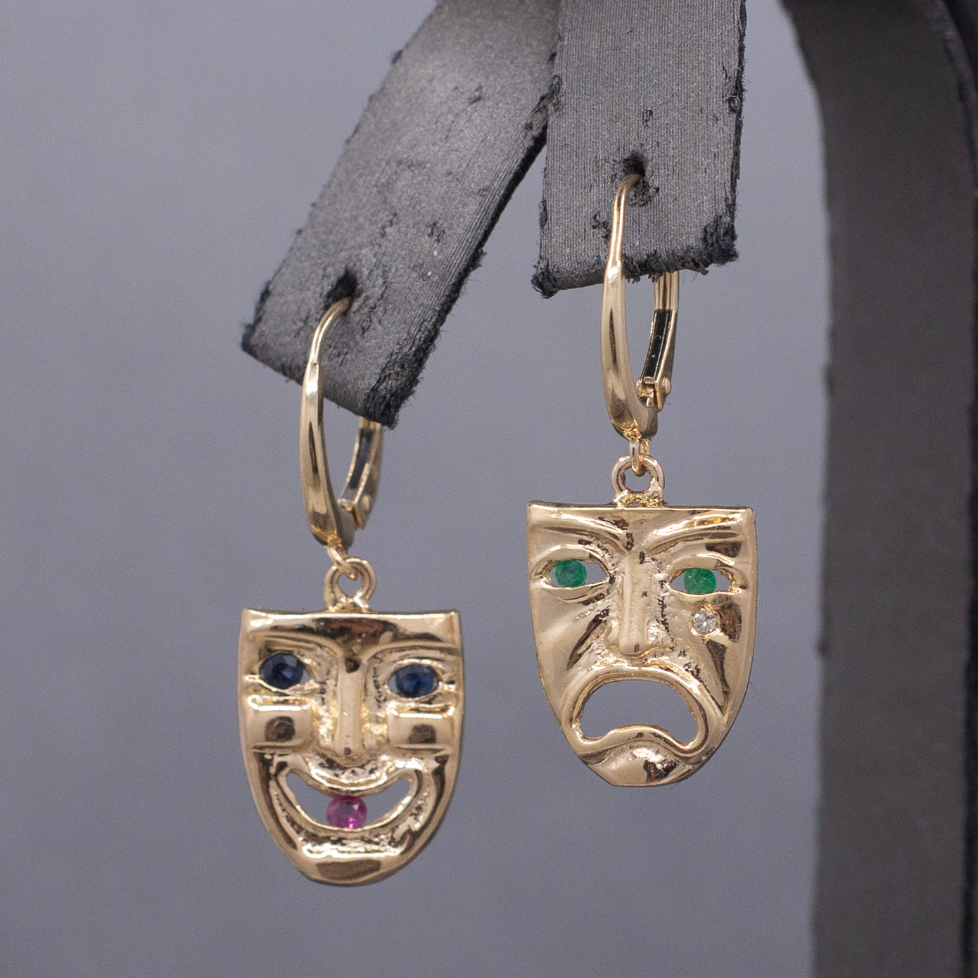 Vintage Greek Theatre Mask Comedy and Tragedy Dangle Earrings in 14k Yellow Gold
