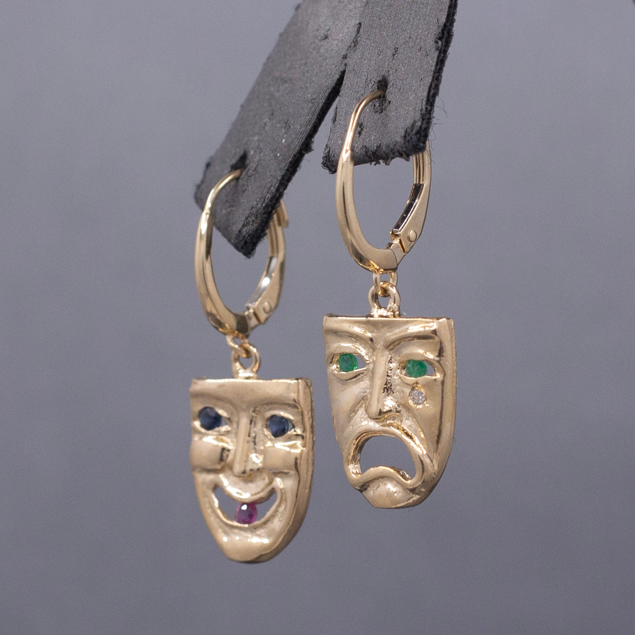Vintage Greek Theatre Mask Comedy and Tragedy Dangle Earrings in 14k Yellow Gold