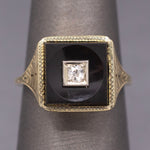 Darling Art Deco Old Mine Cut Diamond and Onyx Square Ring in 14k Yellow Gold
