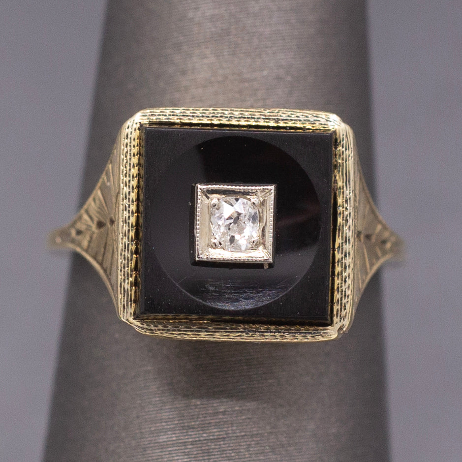 Darling Art Deco Old Mine Cut Diamond and Onyx Square Ring in 14k Yellow Gold