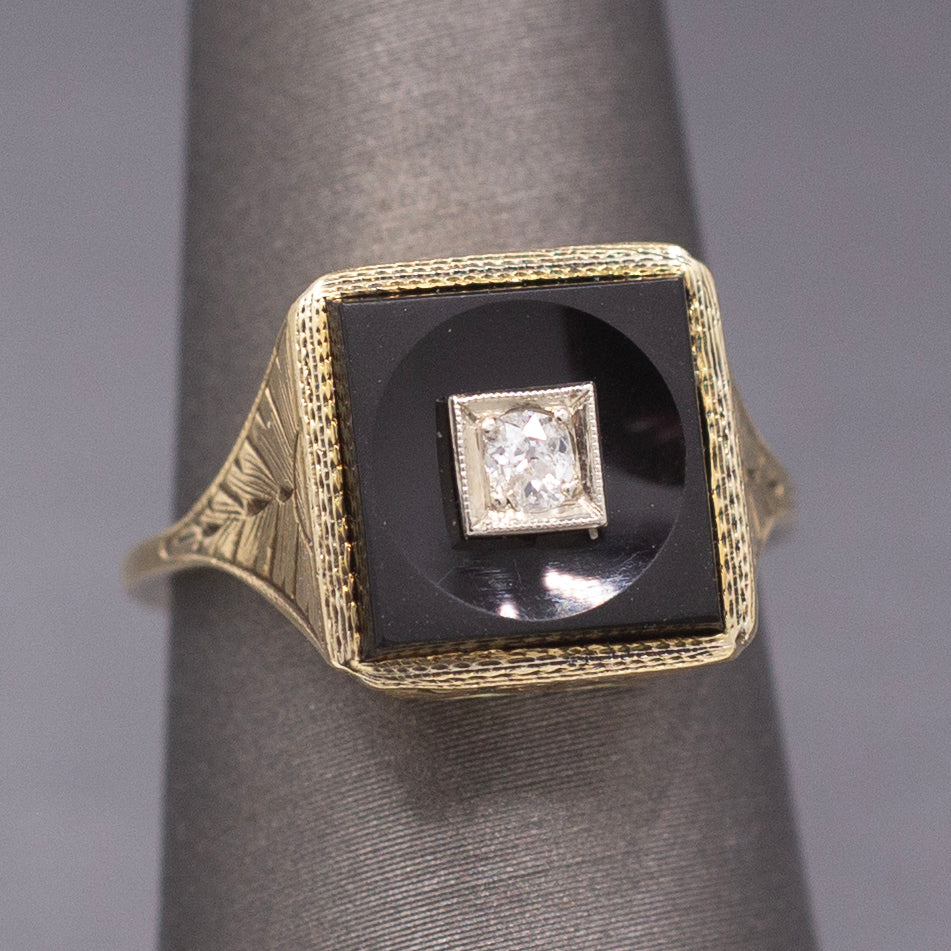 Darling Art Deco Old Mine Cut Diamond and Onyx Square Ring in 14k Yellow Gold