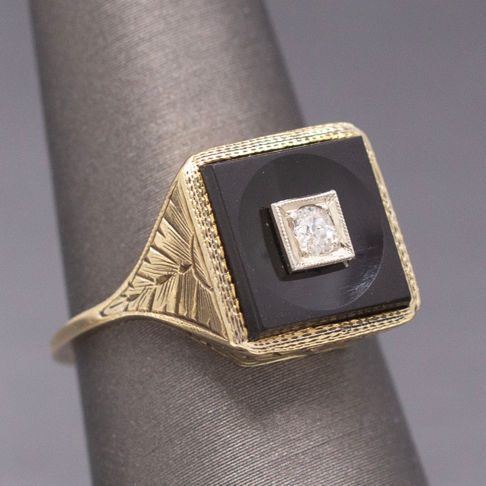Darling Art Deco Old Mine Cut Diamond and Onyx Square Ring in 14k Yellow Gold