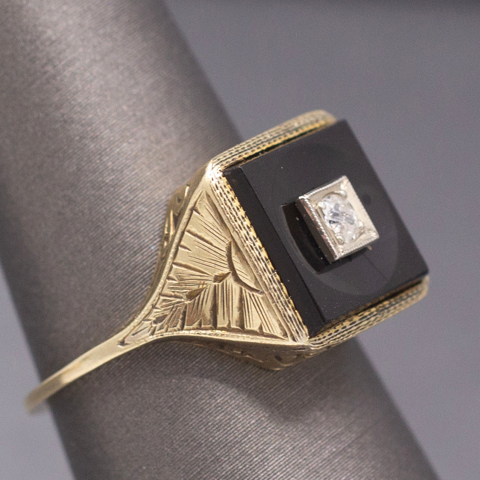 Darling Art Deco Old Mine Cut Diamond and Onyx Square Ring in 14k Yellow Gold