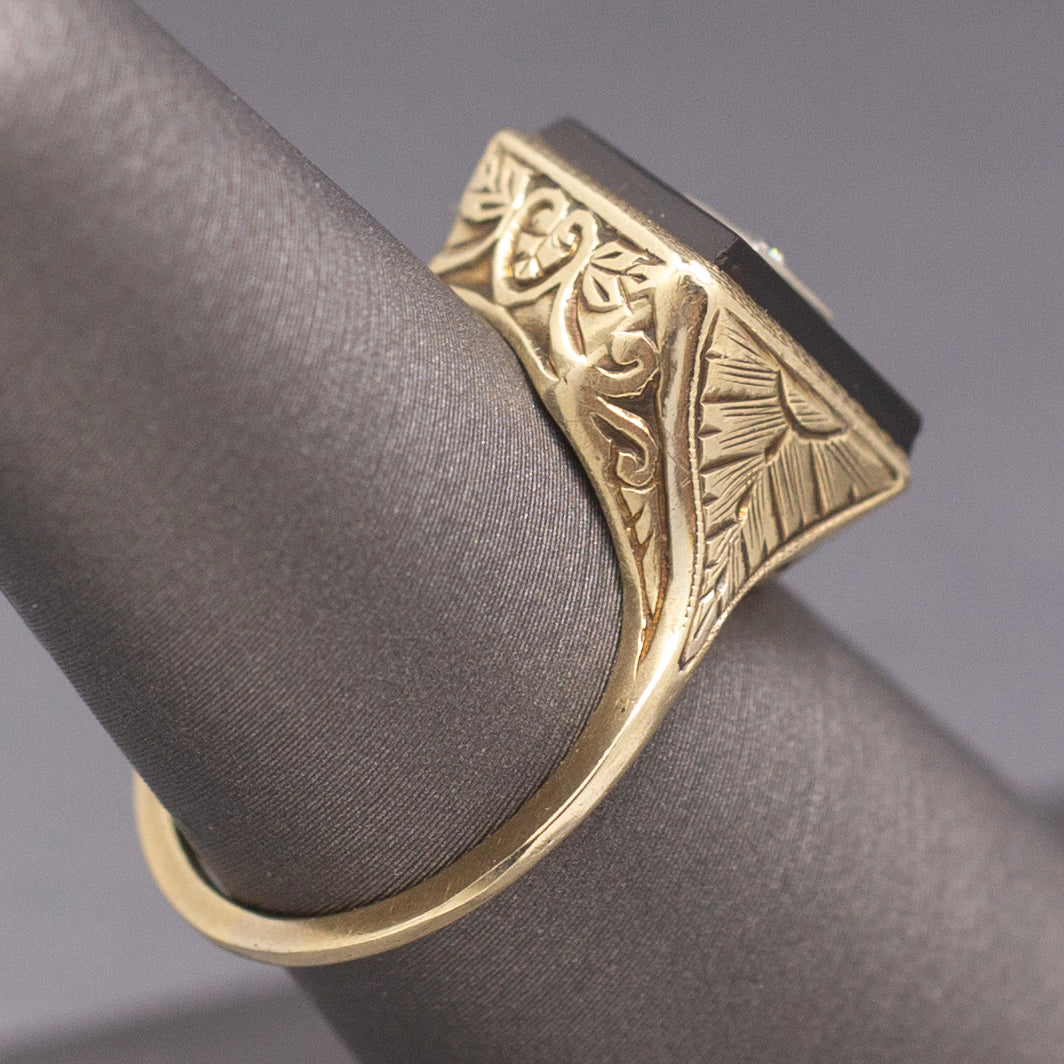 Darling Art Deco Old Mine Cut Diamond and Onyx Square Ring in 14k Yellow Gold