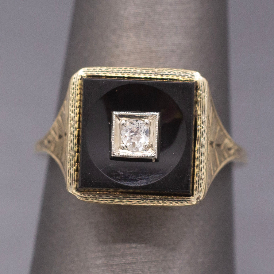 Darling Art Deco Old Mine Cut Diamond and Onyx Square Ring in 14k Yellow Gold