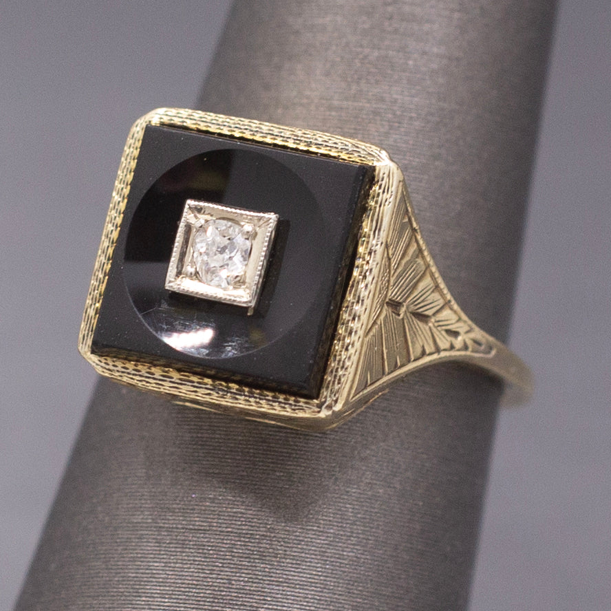 Darling Art Deco Old Mine Cut Diamond and Onyx Square Ring in 14k Yellow Gold